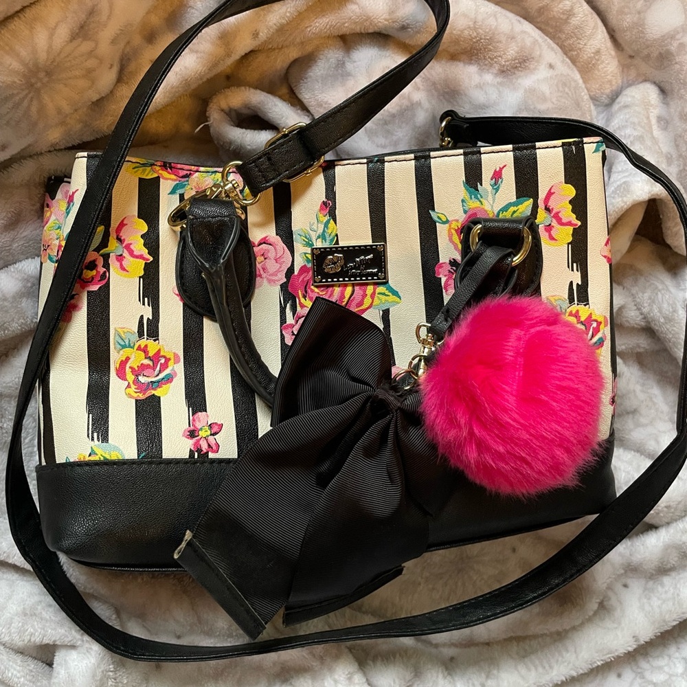 Betsey Johnson Black and White Shoulder Bag with Stripes and Bow